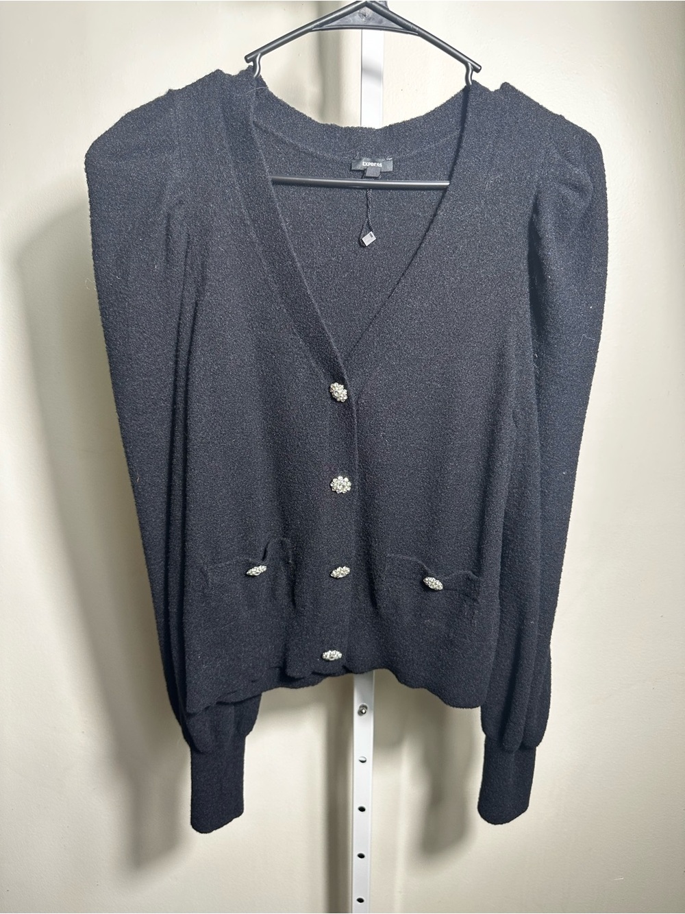 B26. Express Black V-Neck Button Cardigan Sweater with Puff Sleeve